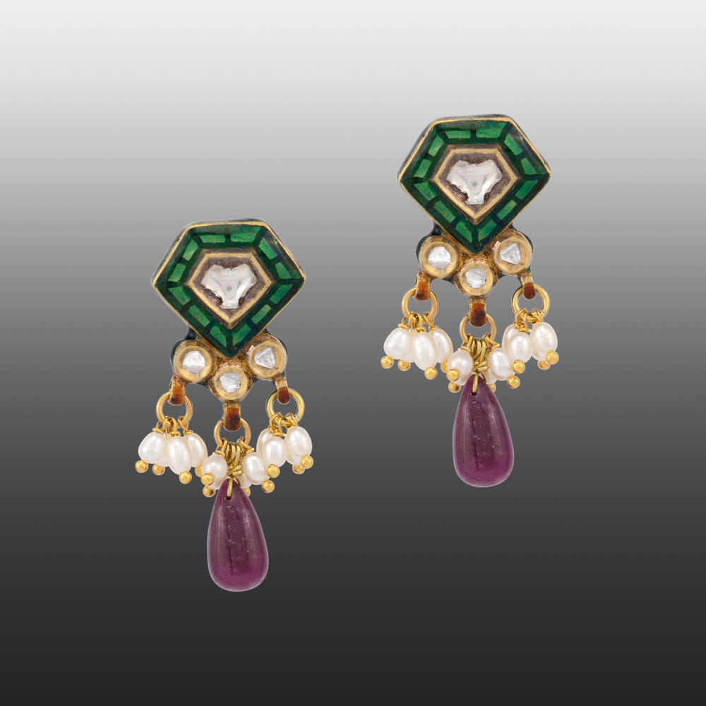 Green Talaf Polki Neacklace Set with Ruby Colour Drops